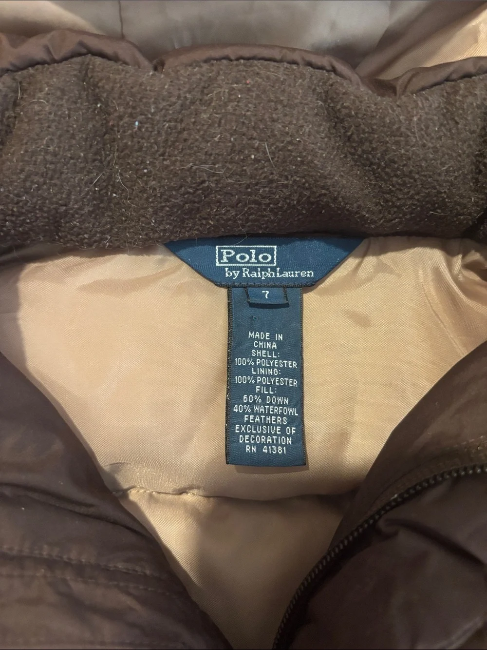 Ralph Lauren Brown Quilted Kids Hooded Puffer Jacket with Red Polo Logo